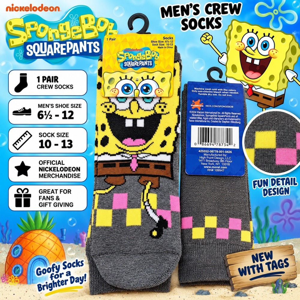 Nickelodeon SpongeBob SquarePants Mens Crew Socks Gray Yellow Pink Size 10-13